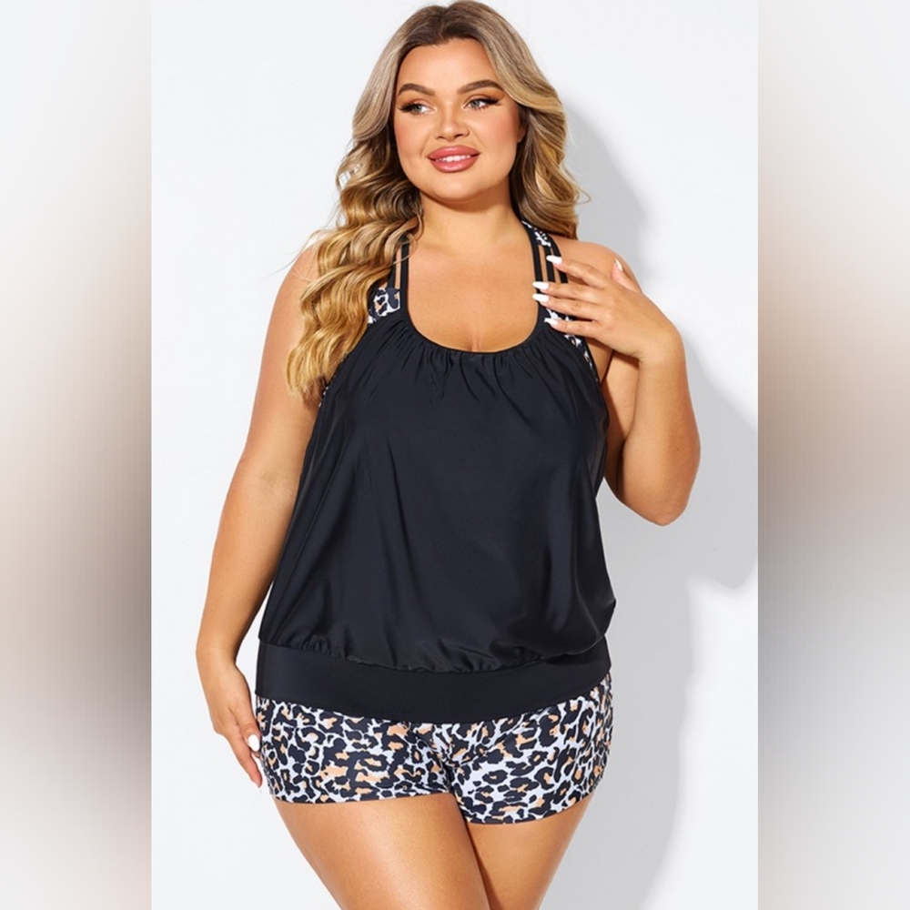NEW NWT MeetCurve Plus Size Leopard T-Back Tankini & Boy  Swim Bottoms Sz 4XL